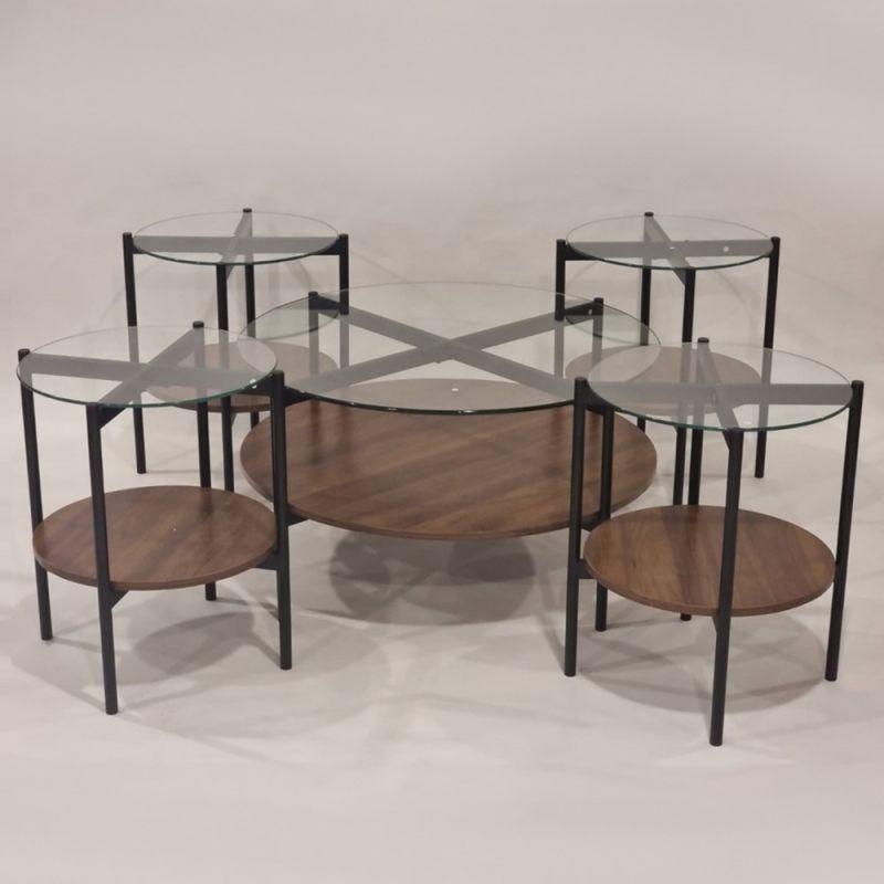 Set of Wooden Tables With A 4+1 Glass Top And Iron Bases By Alhome - ALHOME