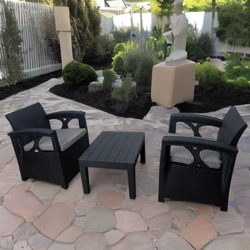 Plastic outdoor garden seating - table and 2 chairs - black - By Family Ship - ASL-6818 - ALHOME