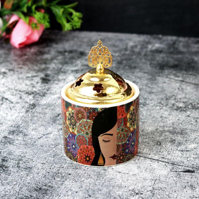 Decorative Circular Ceramic Incense Burner With Gold Lid - 8x8x13 cm - Multi Color By Family Ship - ALHOME