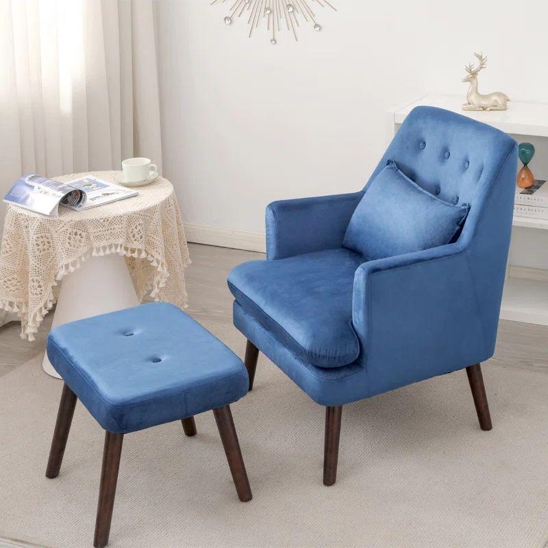 Ocean Blue Velvet Chair and Pouf Set Swedish Wood By Alhome - ALHOME