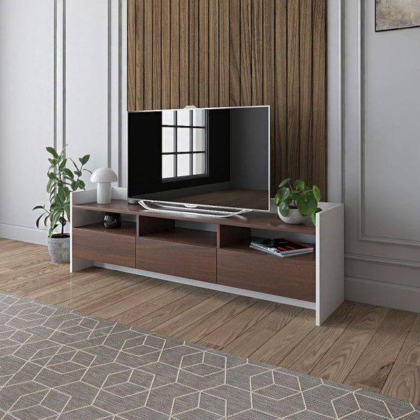 White TV Table with Brown Drawers By Alhome - ALHOME