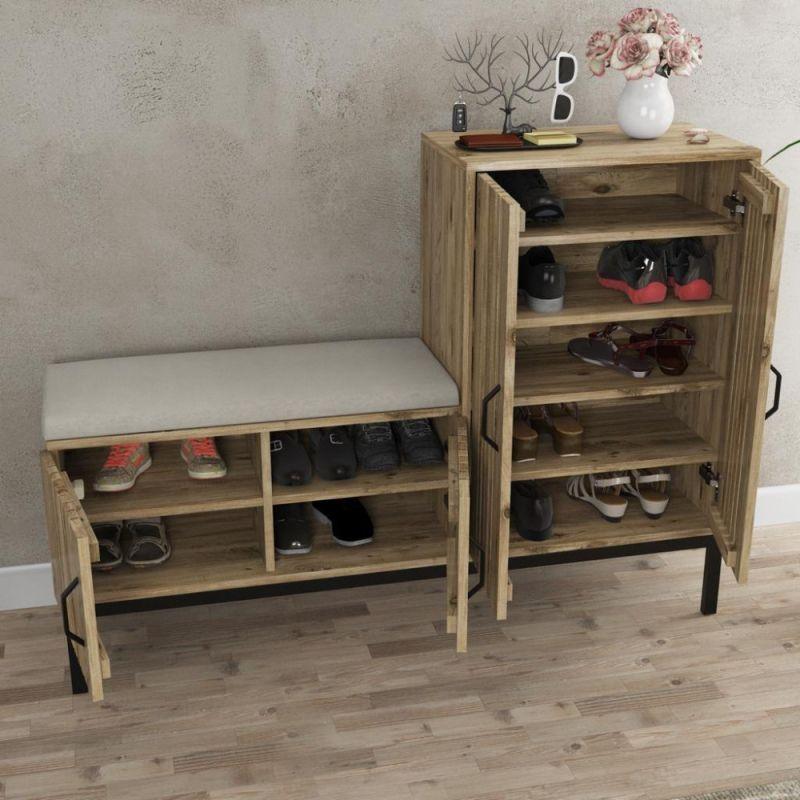 Shoe Rack Wooden With Black Iron Bases And Seat Cushion By Alhome - ALHOME