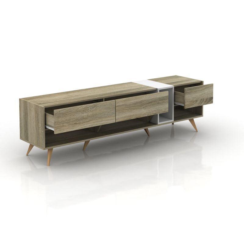 Tv Table From Malaysian Wood - Wooden And White - 179x39.5x50 cm - By Baity - ALHOME