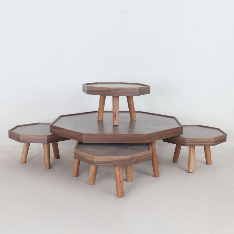 Set of Round Wooden Floor Tables In Brown Color With Gray Surfaces 4+1 By Alhome - ALHOME