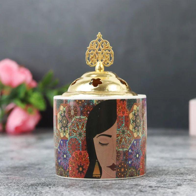 Decorative Circular Ceramic Incense Burner With Gold Lid - 8x8x13 cm - Multi Color By Family Ship - ALHOME