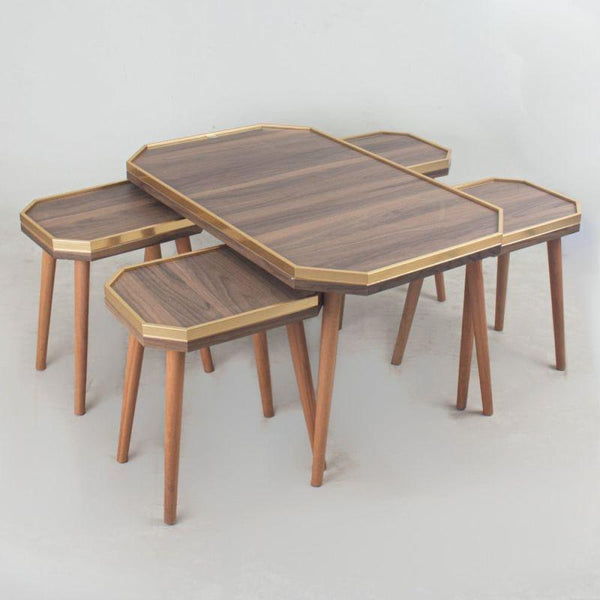 Table Set Of 5 With Golden Edges And Brown Wooden Bases By Alhome - 110112024 - ALHOME