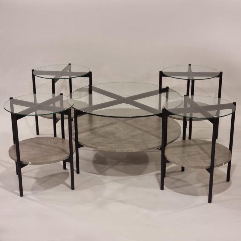 Set of Wooden Tables With A 4+1 Glass Top And Iron Bases In Gray And Black By Alhome - ALHOME