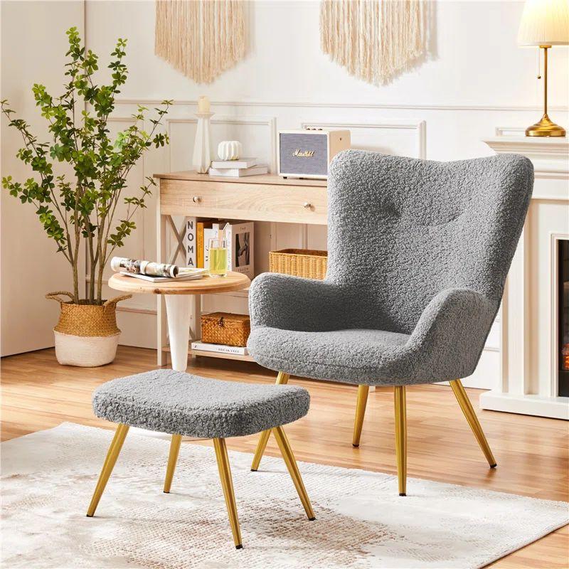 Gray Boucle Chair and Pouf Set Swedish Wood By Alhome - 110110753 - ALHOME