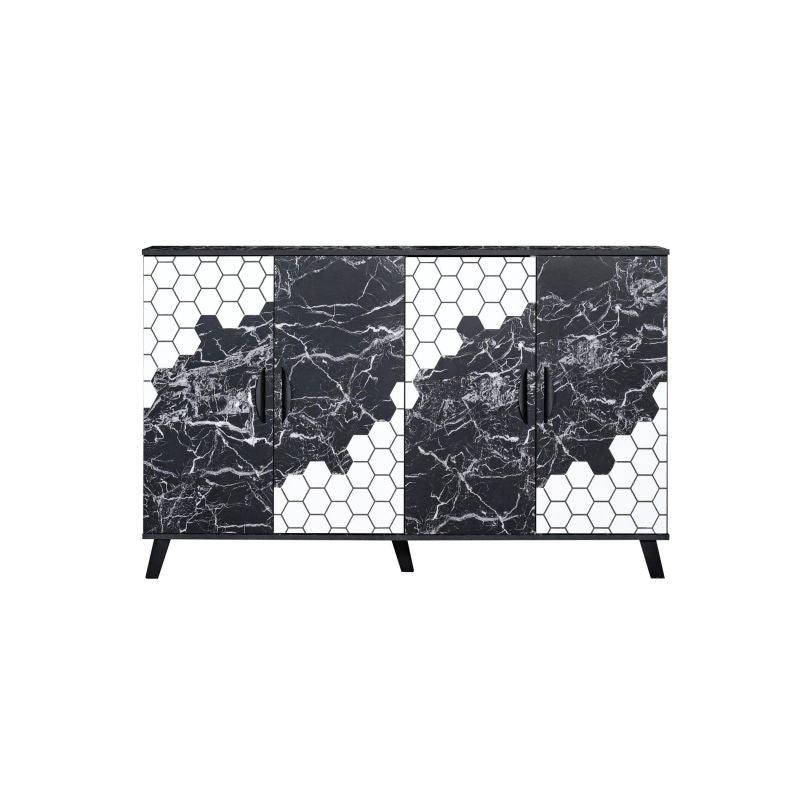 Shoe Cabinet With 4 Doors In Honeycomb Shape From Malaysian Wooden - Black Marble And White - 160x35x96 cm - By Baity - ALHOME