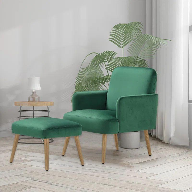 Emerald Green Velvet Chair and Pouf Set Swedish Wood By Alhome - ALHOME