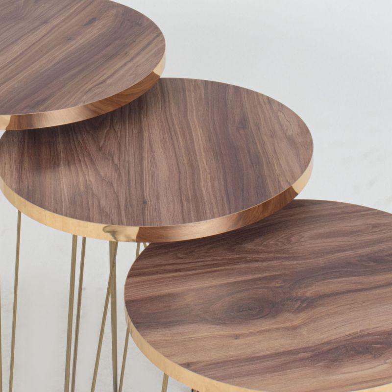 Set of circular service tables with a wooden top brown iron bases and a golden belt By Alhome - ALHOME