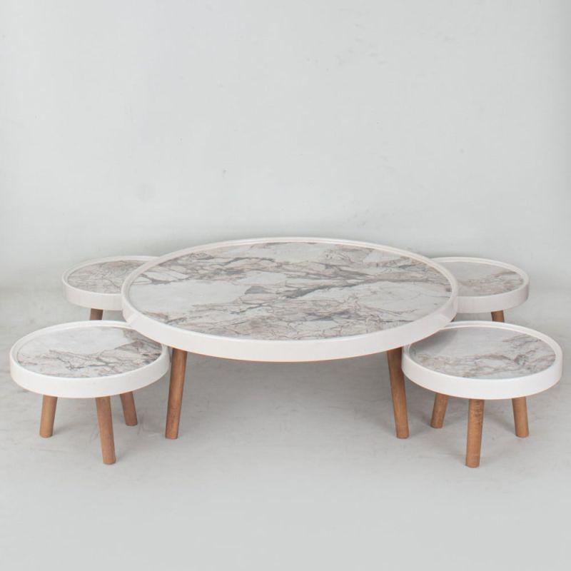 Set of 4+1 Round White Marble Wooden Floor Tables By Alhome - ALHOME