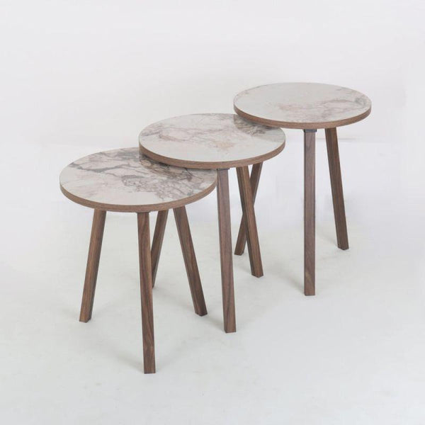 Set of 3 Circular Wooden Service Tables In Brown And Marble By Alhome - ALHOME