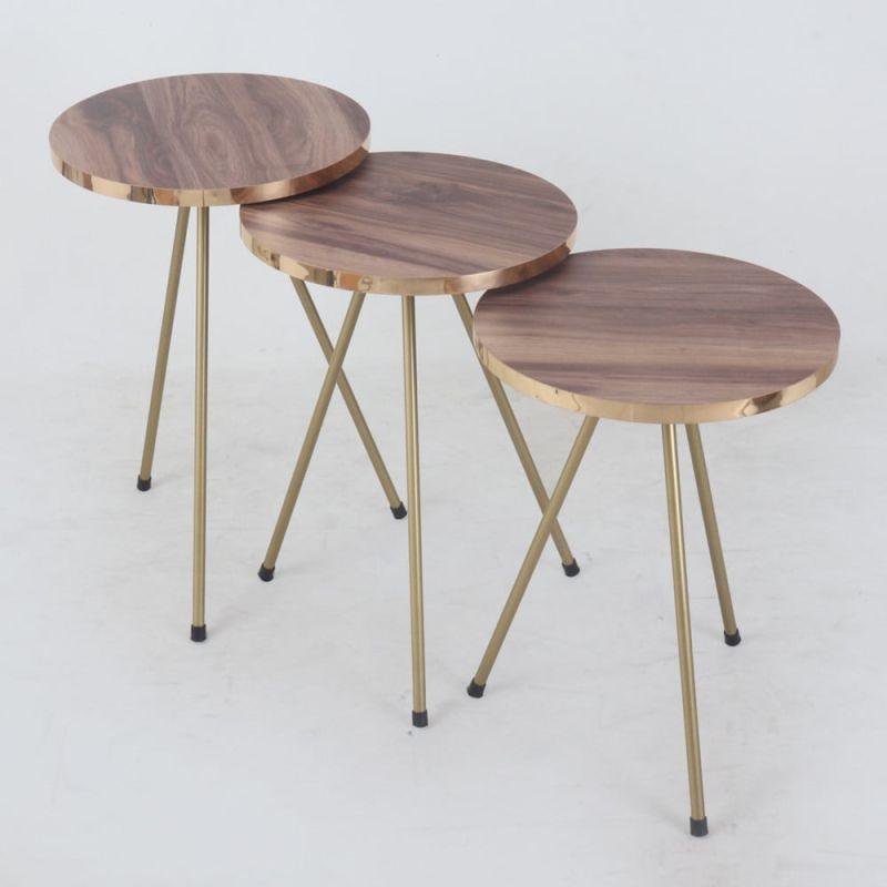 Set of Circular Wooden Tables With Iron Bases In Brown And Gold By Alhome - ALHOME