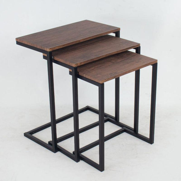 Table Set Of 3 Service Tables With Black Iron Bases And A Dark Wooden Top By Alhome - ALHOME