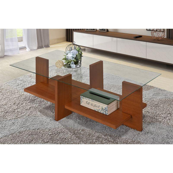 Two-Layer Malaysian Wood And Glass Coffee Table With Columns - Dark Brown - 110x55x35 cm - By Baity - ALHOME