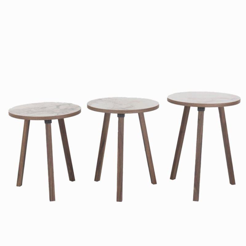 Set of 3 Circular Wooden Service Tables In Brown And Marble By Alhome - ALHOME