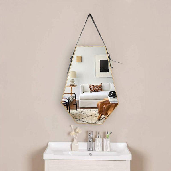 Hexagon Strap-Hung Wall Mirror with Frame - Gold - 49x66x3.5 cm - By Family Ship - ALHOME