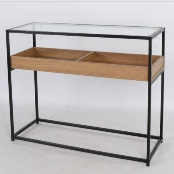 Metal And Wooden Console With Glass Surface - Brown By Alhome - ALHOME