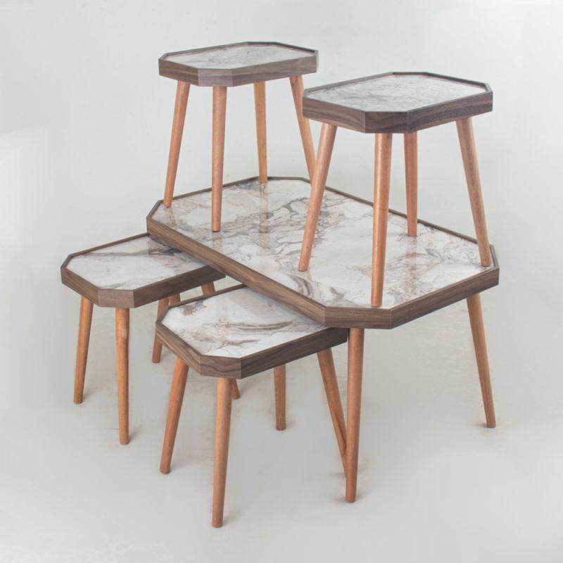 Table Set Of 5 With Brown Wooden Bases And A White Marble Top By Alhome - ALHOME