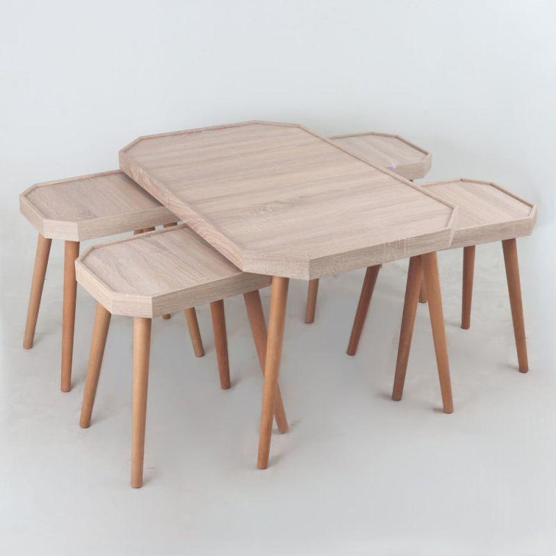 Set of 1+4 Brown Tables With Wooden Bases And A Wooden Top By Alhome - ALHOME