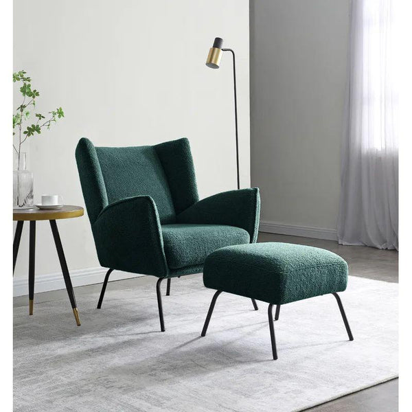 Forest Green Boucle Chair and Pouf Set Swedish Wood By Alhome - ALHOME