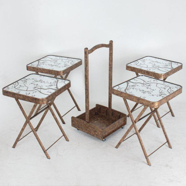 4+1 Wooden Service Tables Set With Mirrors And Moving Trolley - Antique Gold - By Alhome - ALHOME