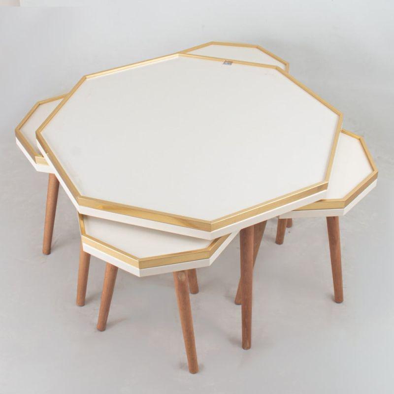 A 1+4 Table Set With A Cream Wooden Top Golden Edges And Wooden Bases By Alhome - ALHOME