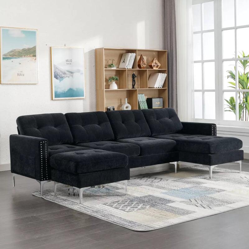 Black Velvet U-Shaped Sofa By Alhome - ALHOME